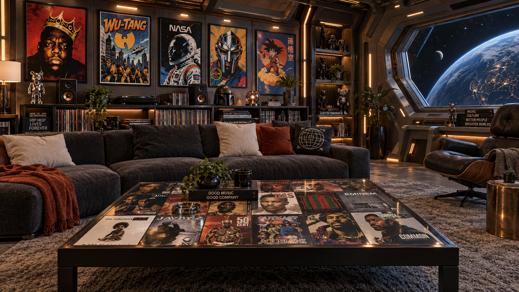 Furniture and decor living room styled with music and pop-culture art